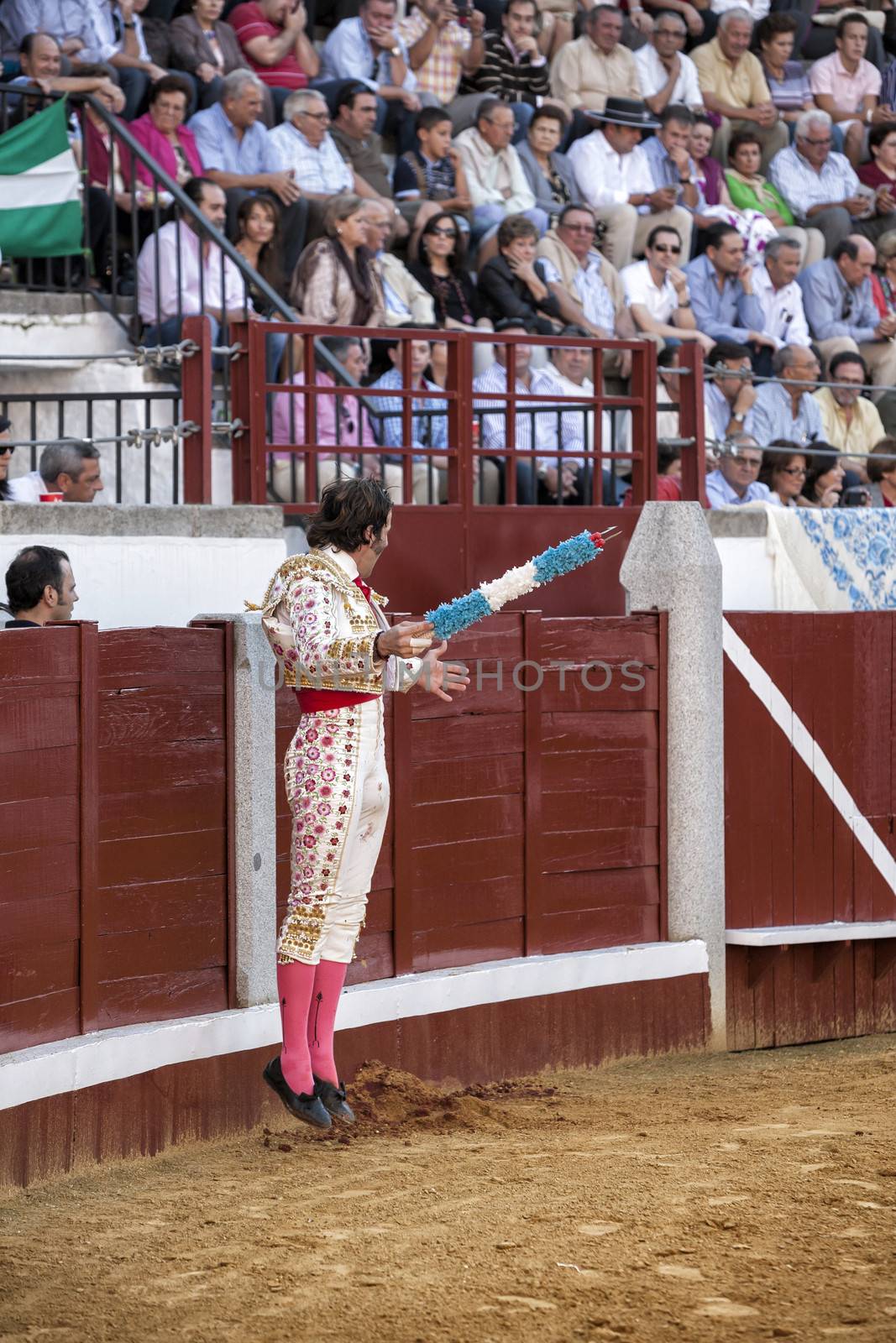 Pozoblanco, Cordoba province, SPAIN - 24 september 2010: Spanish bullfighter Juan Jose Padilla jumping and suspended in the air with two banderillas in the right hand looking at the bull in the bullring of Pozoblanco, on the day of the 25th anniversary of the death of the famous spanish bullfighter Paquirri, Cordoba province, Andalusia, Spain