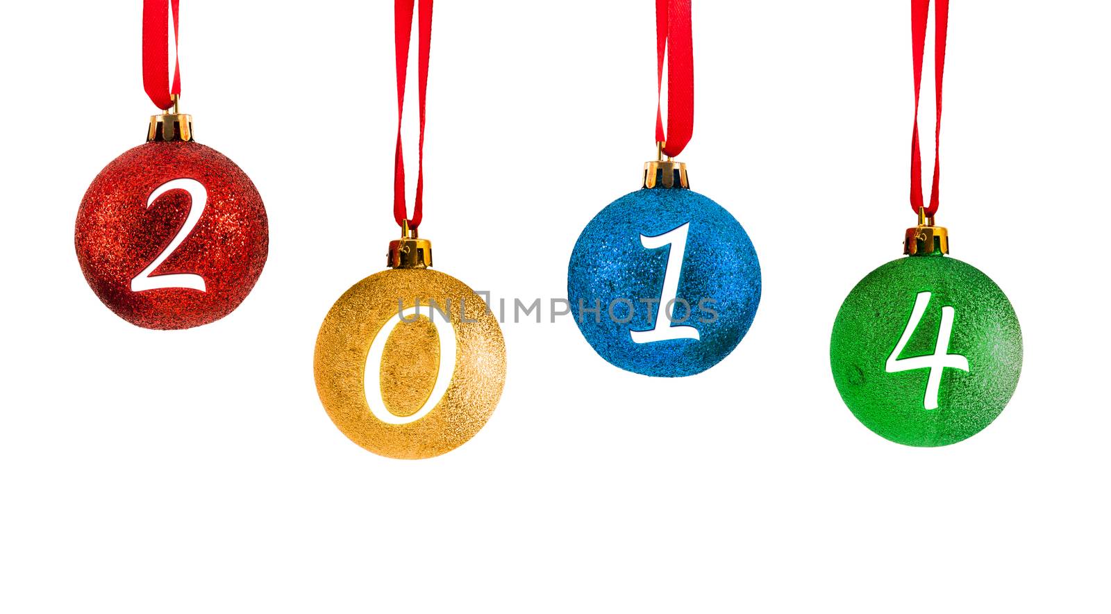 New Year 2014 Christmas balls isolated over white background with clipping path.