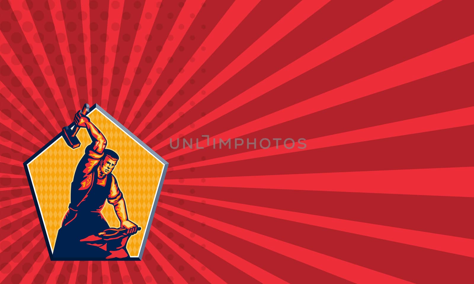 Business card template showing illustration of a blacksmith worker with sledgehammer striking at anvil done in retro style.
