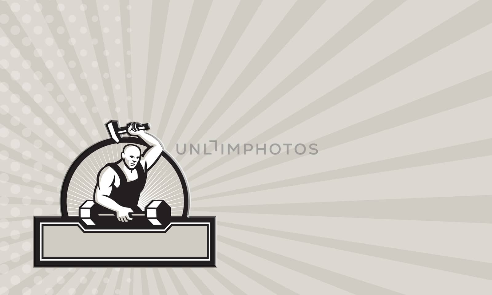 Business card template showing illustration of a blacksmith with hammer forging striking a barbell set inside circle on isolated white background.
