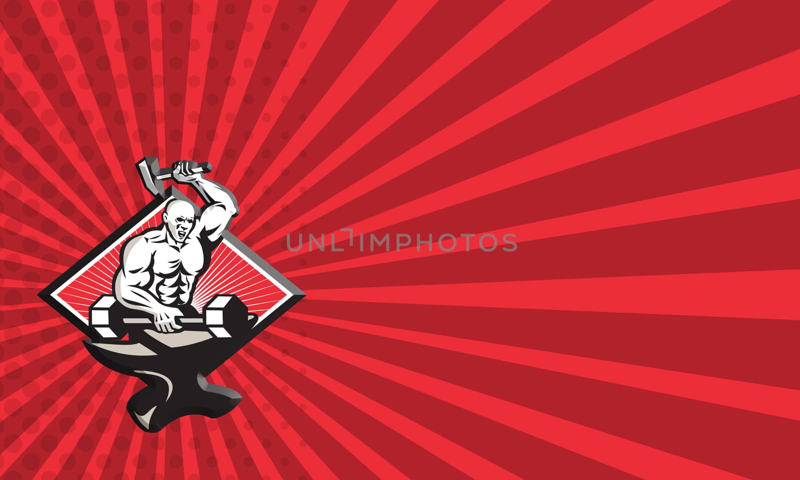 Business card template showing illustration of a blacksmith with hammer forging striking a barbell dumbbell on anvil set inside diamond shape done in retro style.
