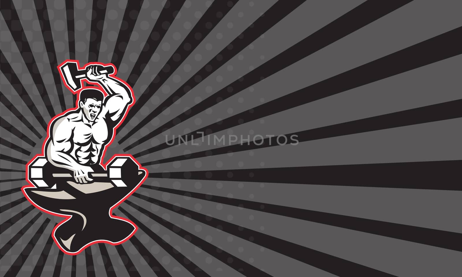 Business card template showing illustration of a blacksmith with hammer forging striking a barbell dumbbell on anvil set inside diamond shape done in retro style.
