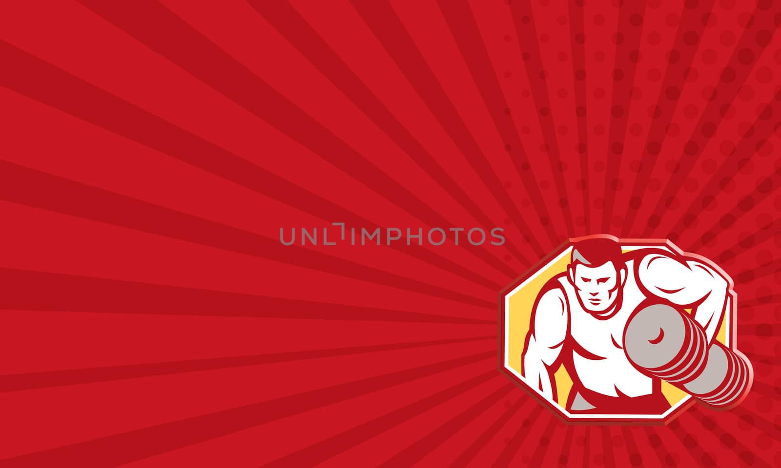 Business card template showing illustration of a weightlifter lifting weights pumping iron set inside hexagon done in retro style.