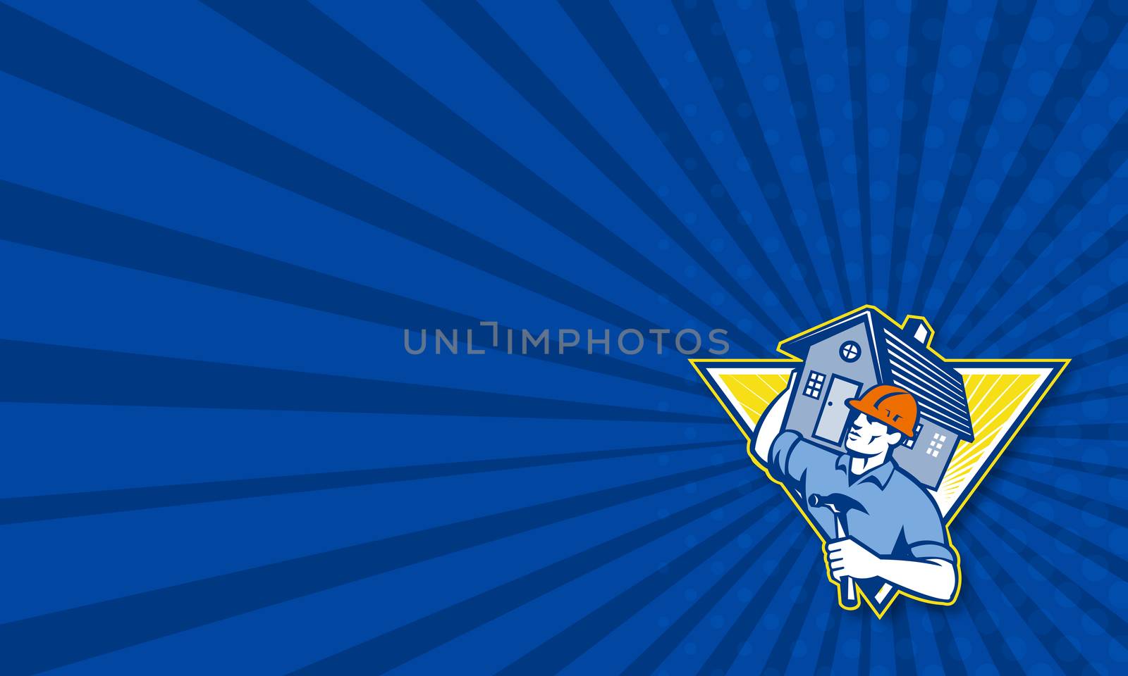 Business card template showing illustration of a builder construction worker with hammer carrying house on shoulders set inside triangle  done in retro style.
