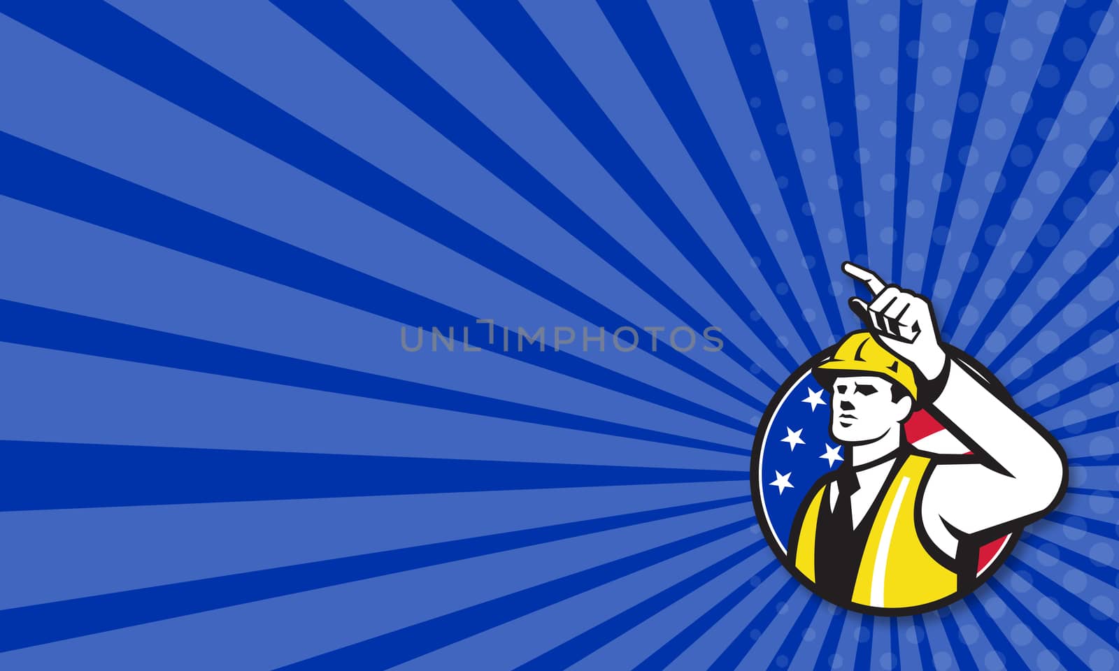 Business card template showing illustration of a builder construction worker engineer foreman pointing set inside circle done in retro style.