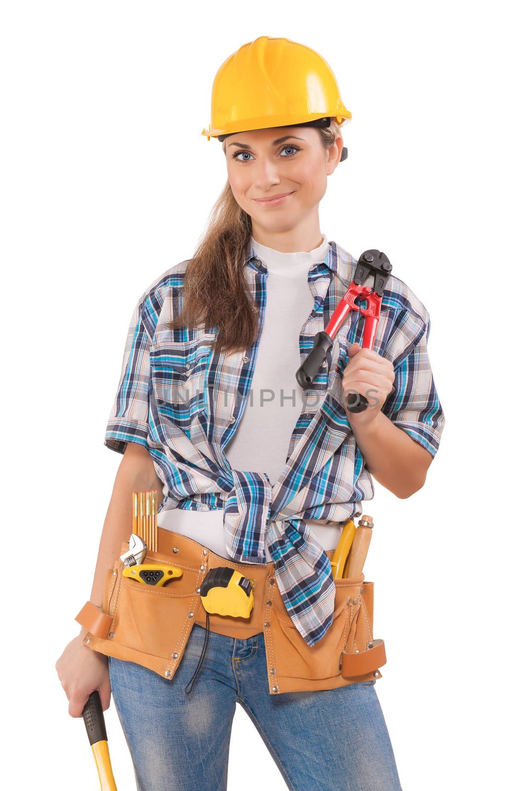 beautiful sexy girl in work wear holding tools isolated on white by mihalec