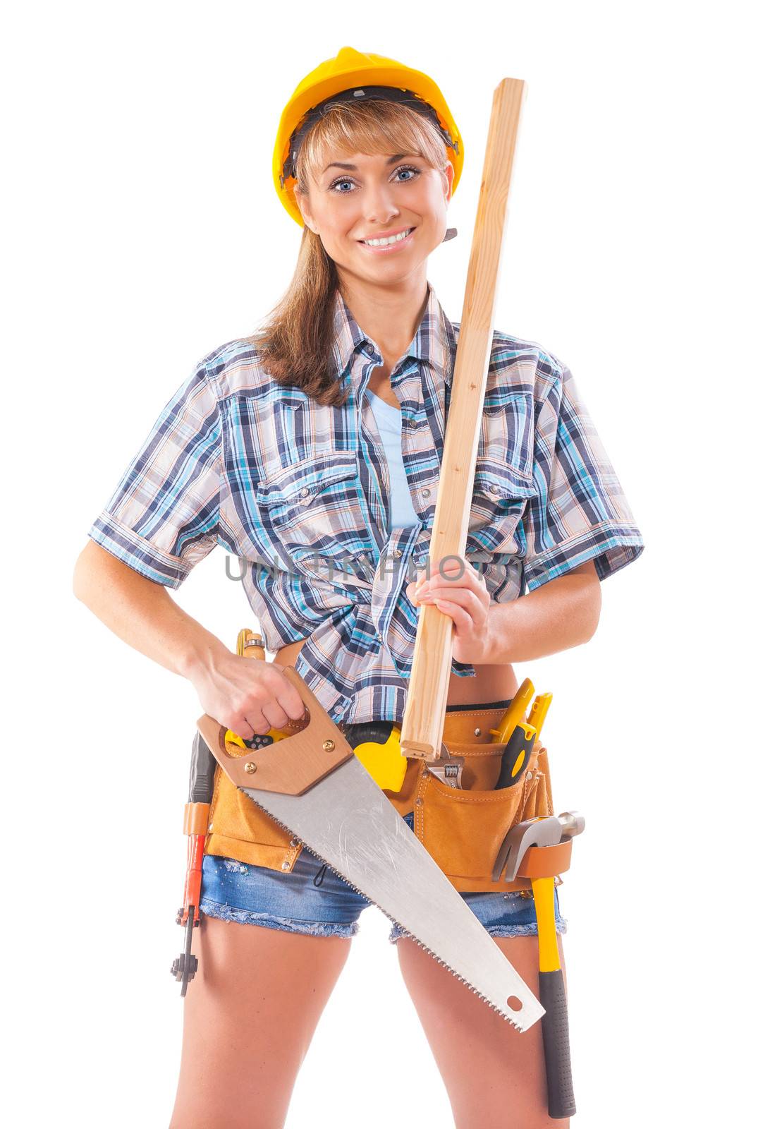sexy female worker with carpenter tools isolated on white background