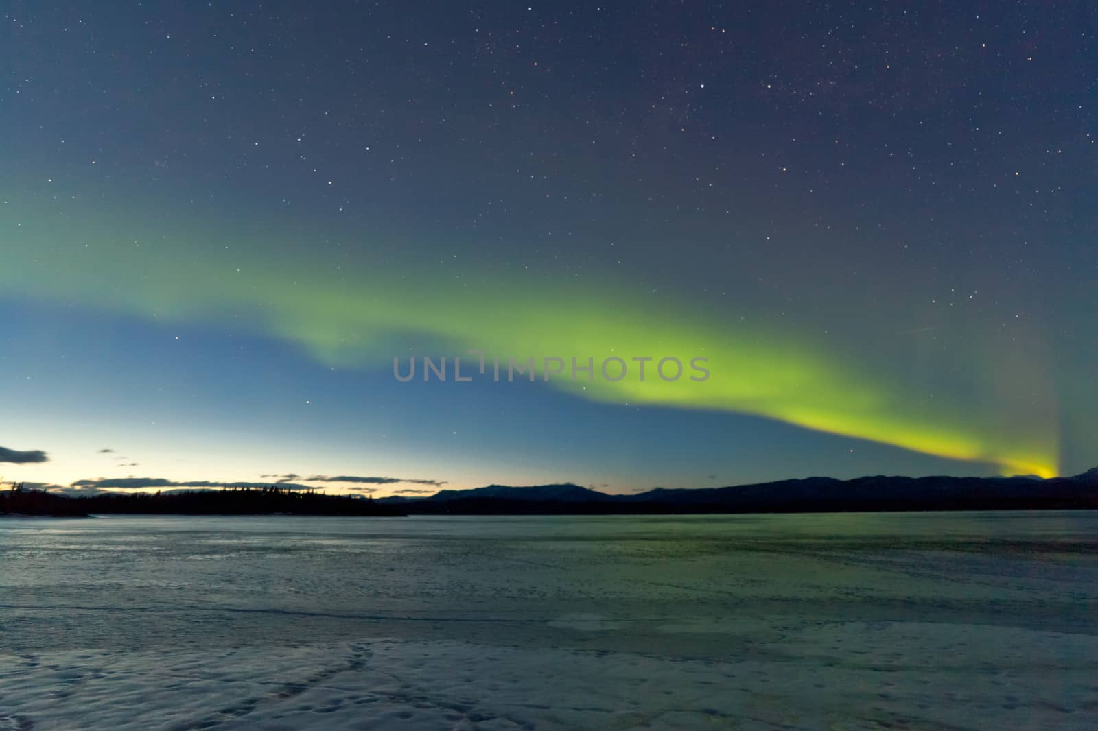 Intense Northern Lights or Aurora borealis or polar lights and morning dawn on night sky over icy landscape of frozen Lake Laberge, Yukon Territory, Canada