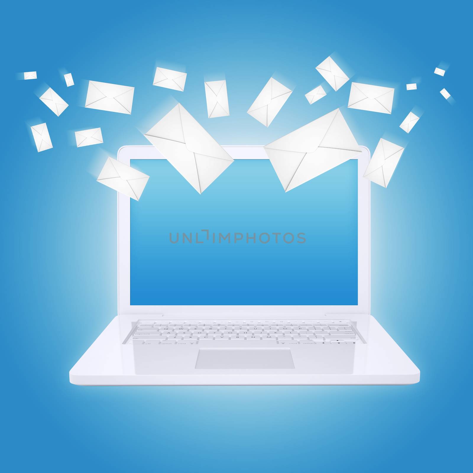 Many envelopes and laptop. The concept of email technology