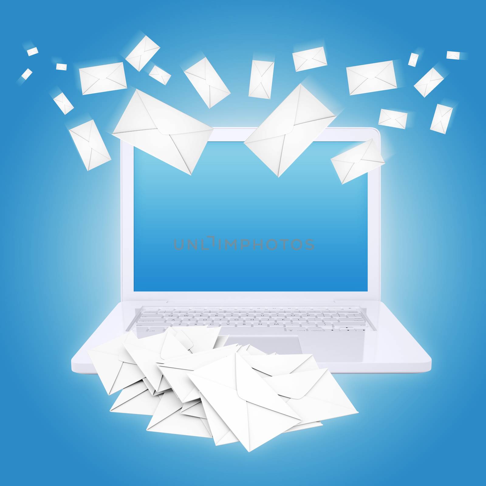 Many envelopes and laptop. The concept of email technology