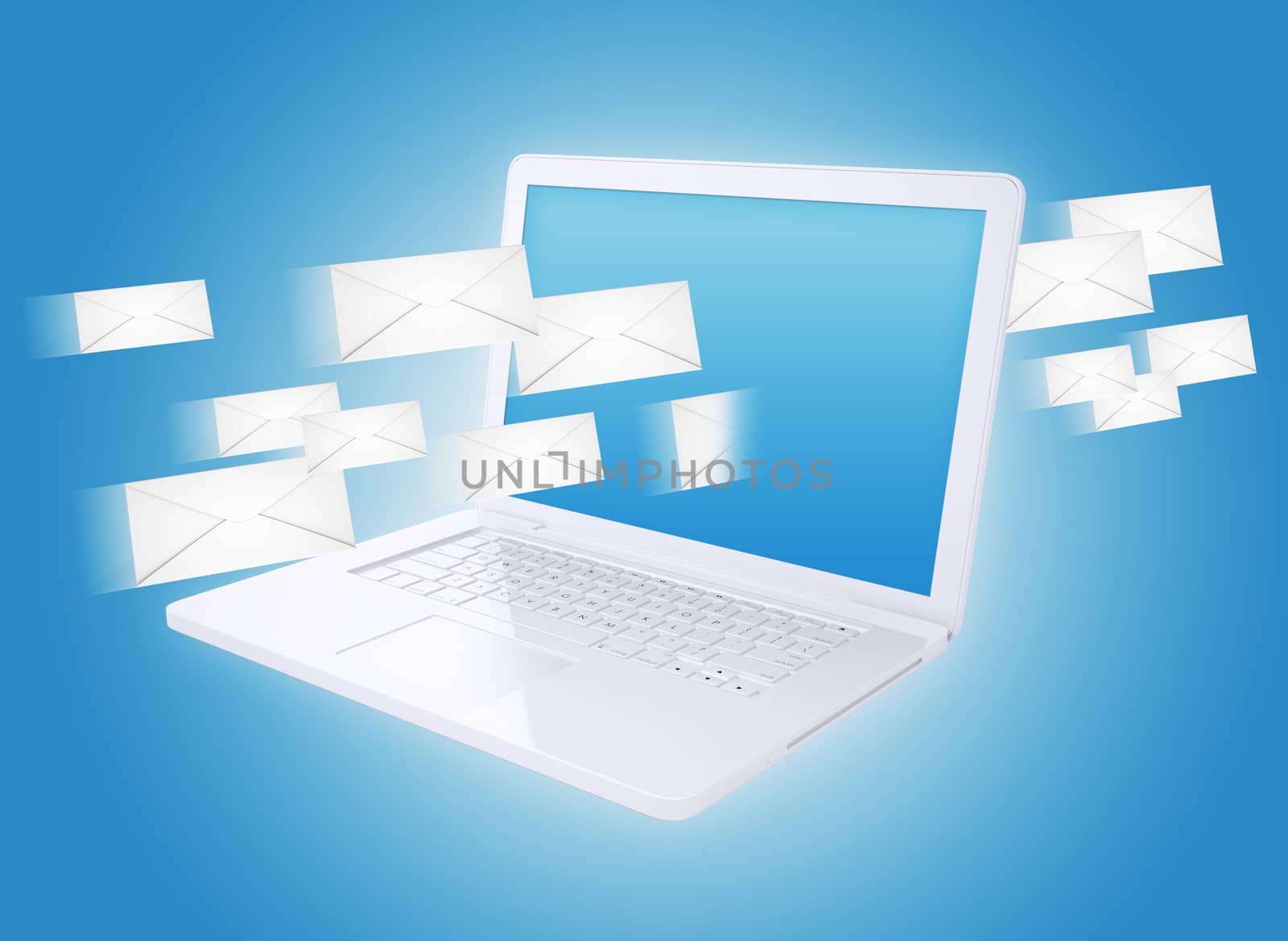 Many envelopes and laptop. The concept of email technology