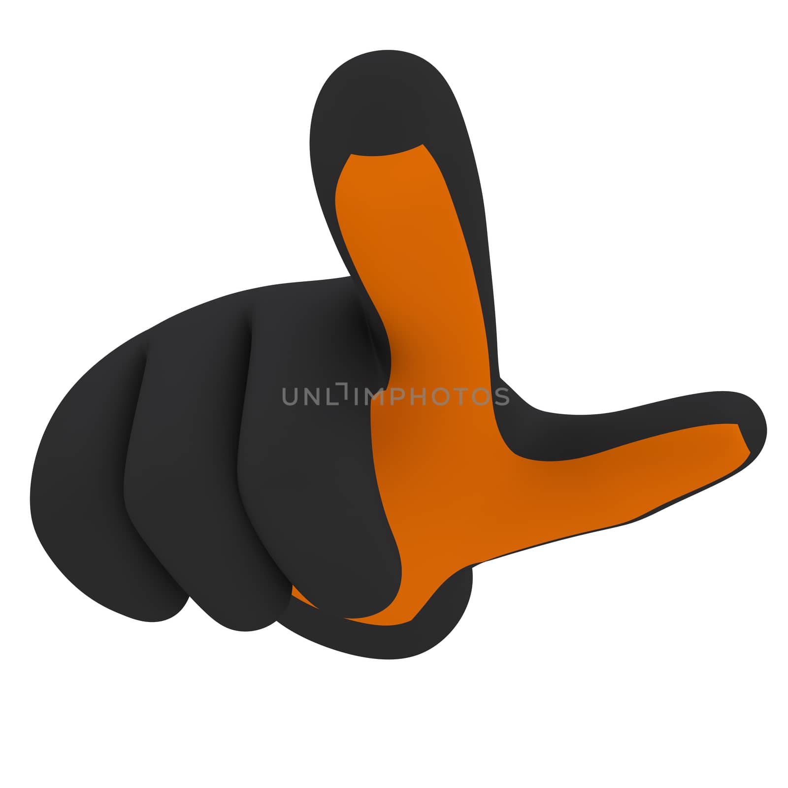Black and orange gloves. Forefinger shows. 3d render isolated on white background