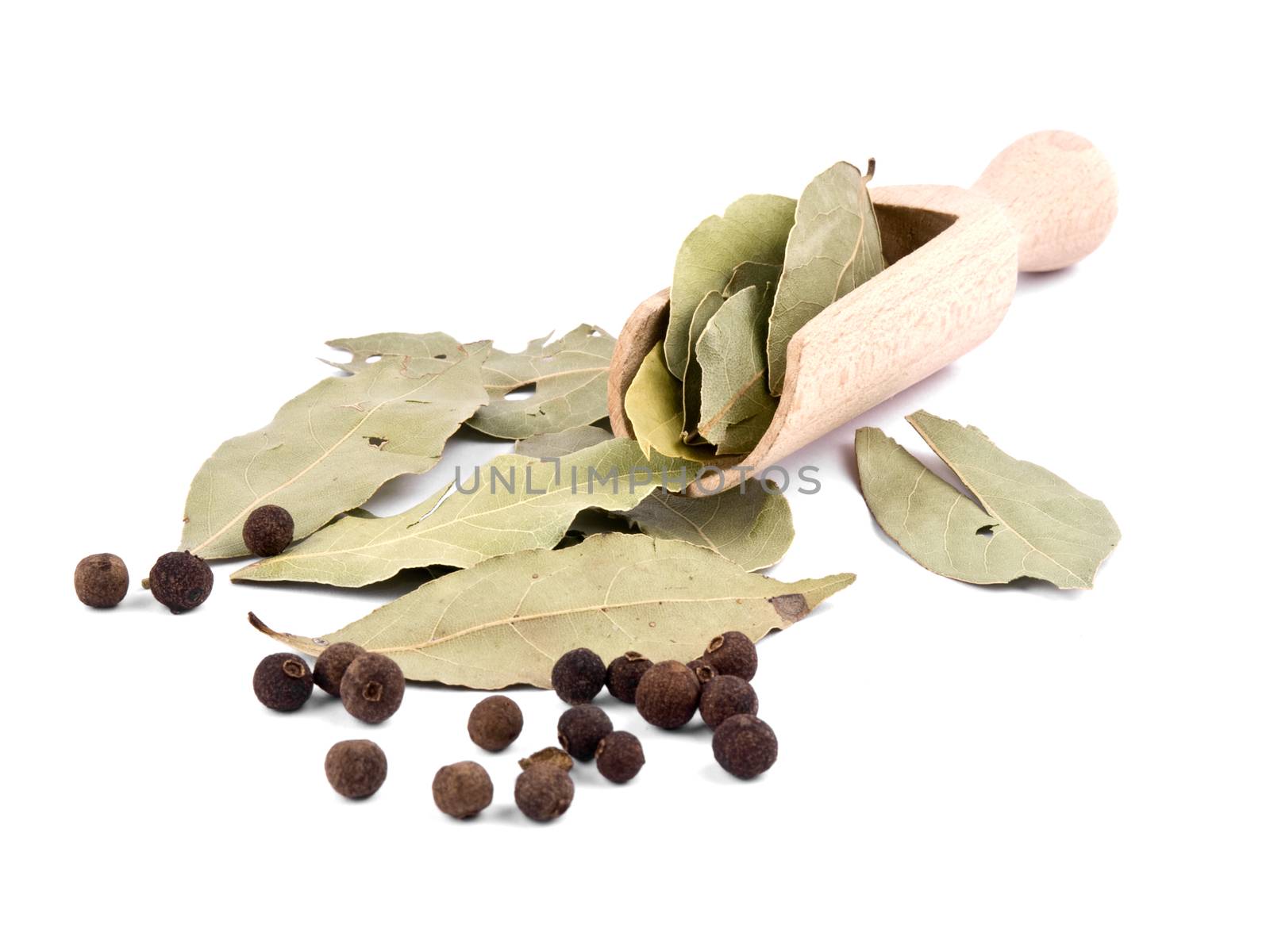 Whole allspice berries, bay leafs and wooden shovel on white background