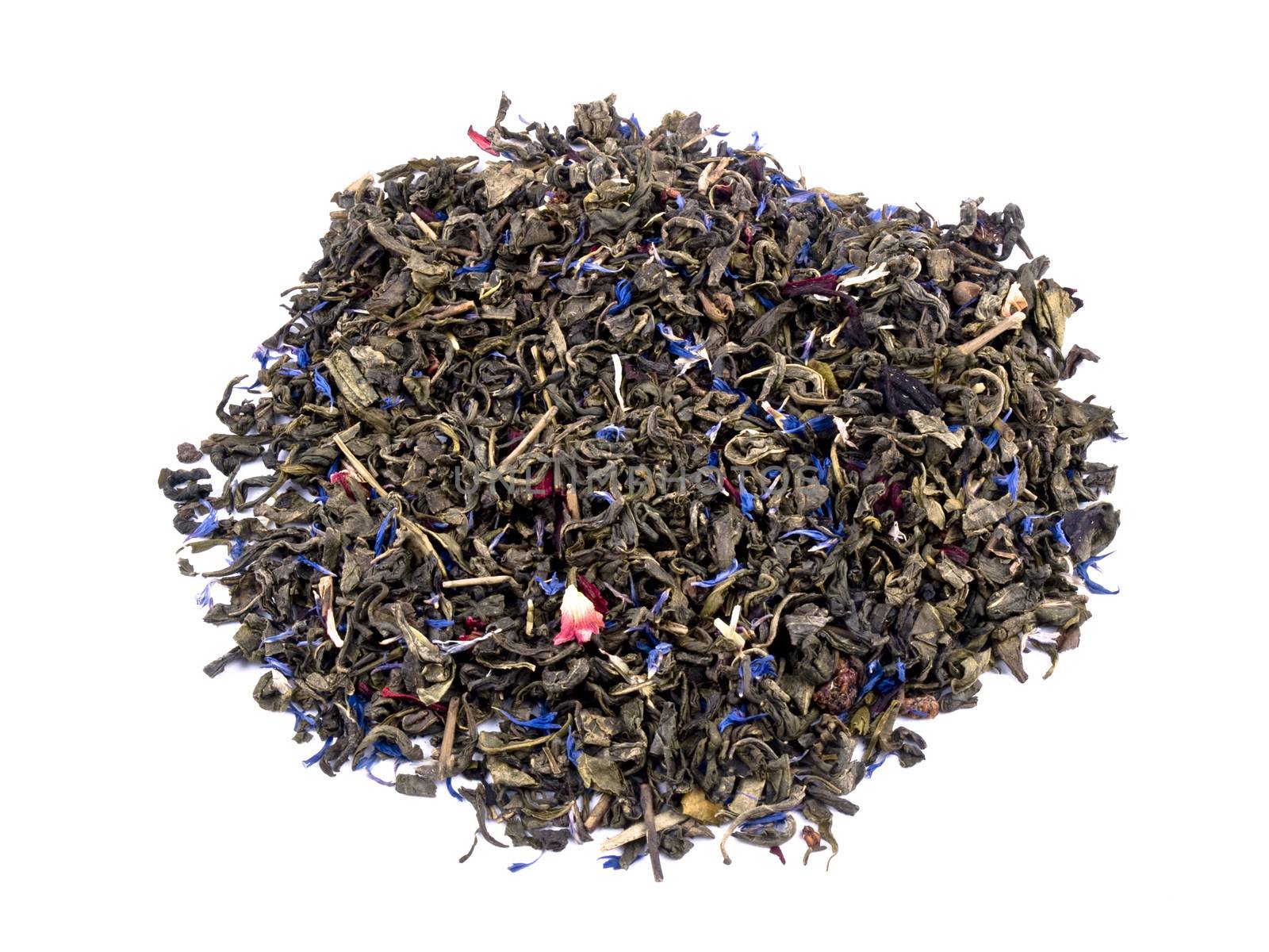 Aromatic green tea leaves with hibiscus and cornflower petals on white background