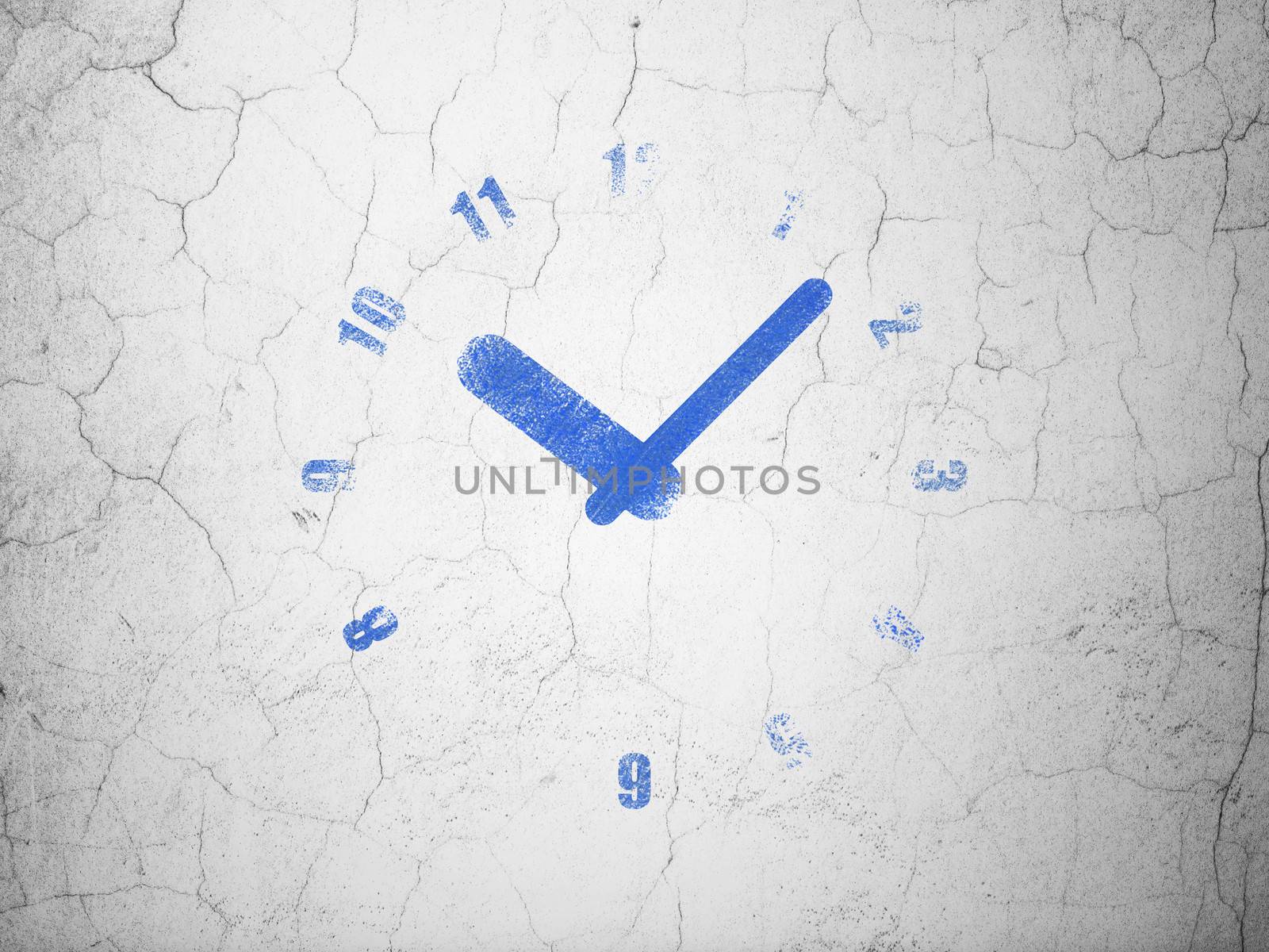 Timeline concept: Blue Clock on textured concrete wall background, 3d render