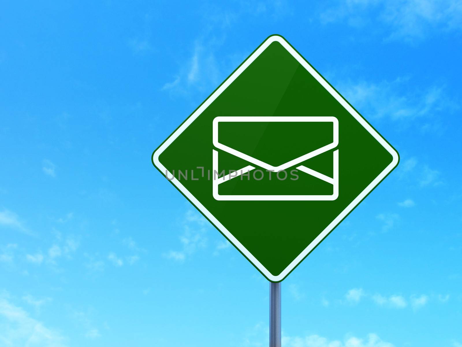 Finance concept: Email on green road (highway) sign, clear blue sky background, 3d render