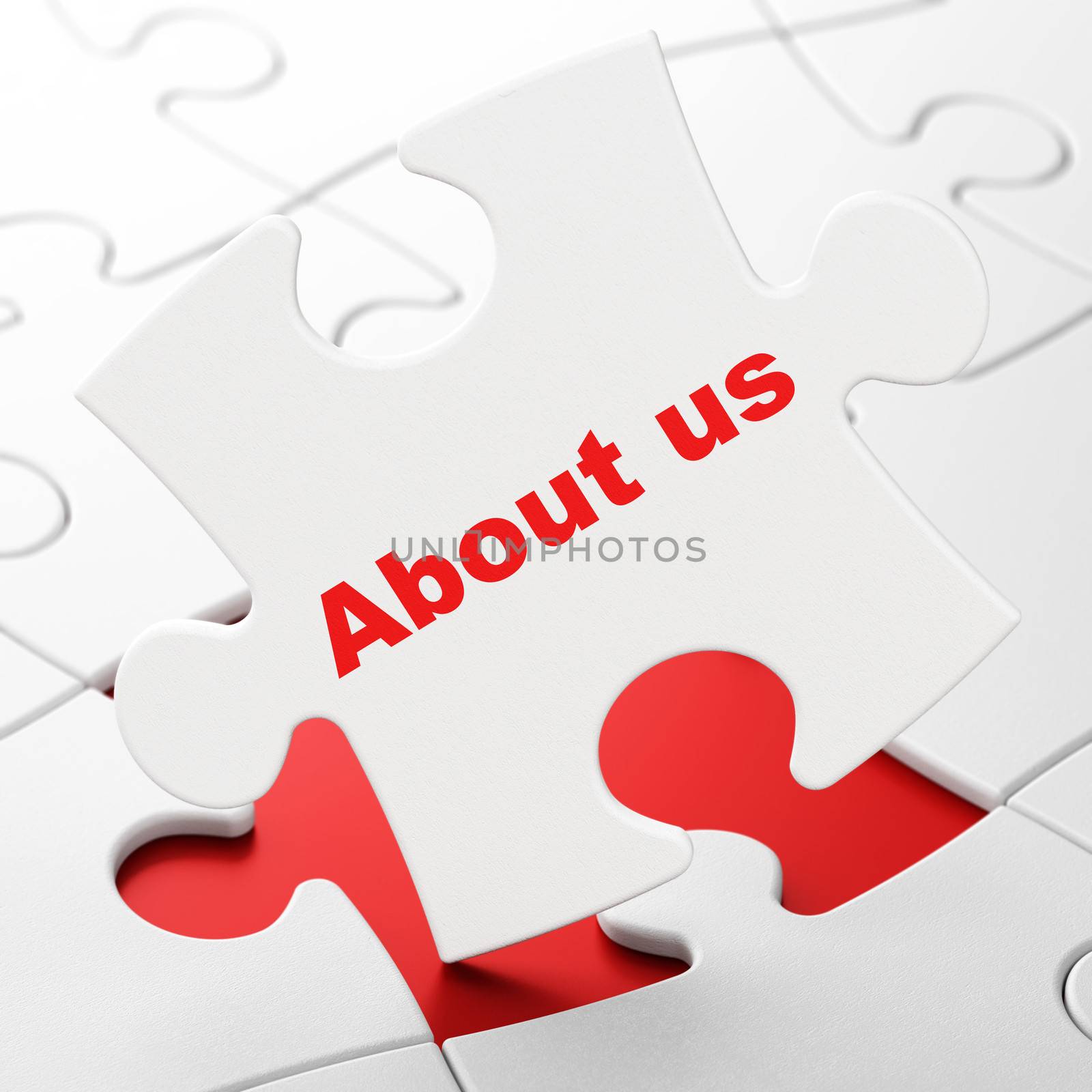 Marketing concept: About Us on White puzzle pieces background, 3d render