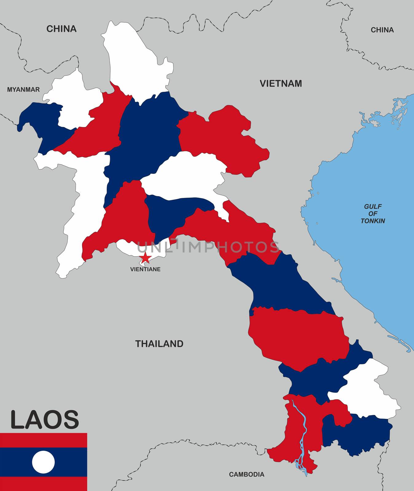 very big size laos political map with flag