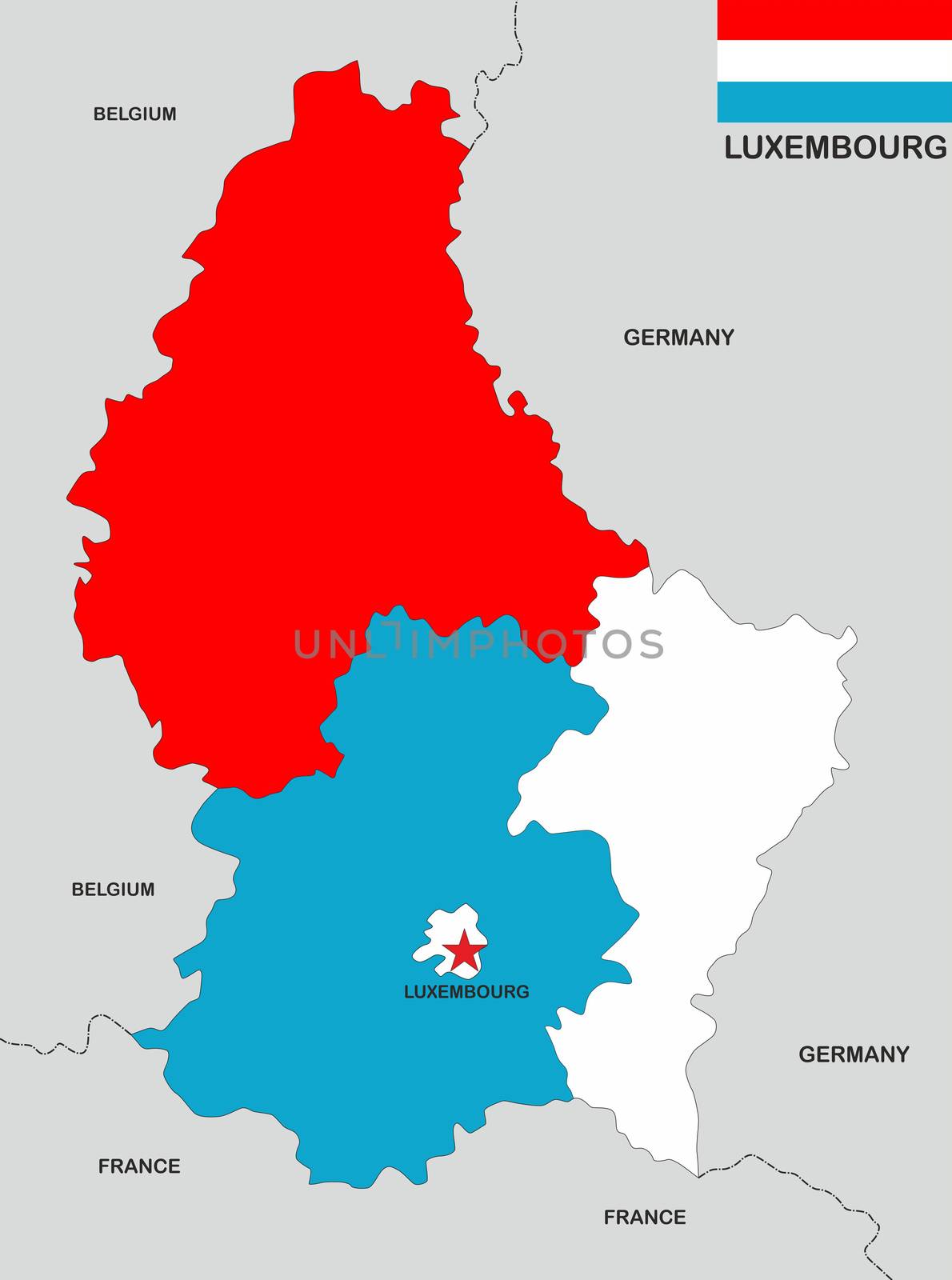 very big size luxembourg political map with flag