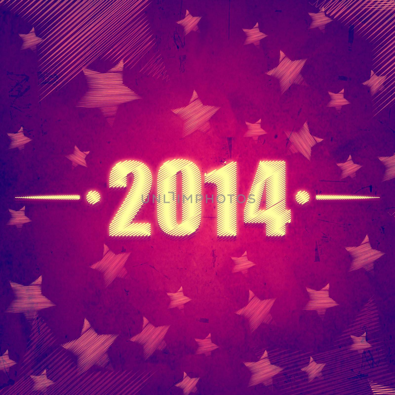 new year 2014, abstract violet background with figures and illustrated striped stars, retro style holiday card