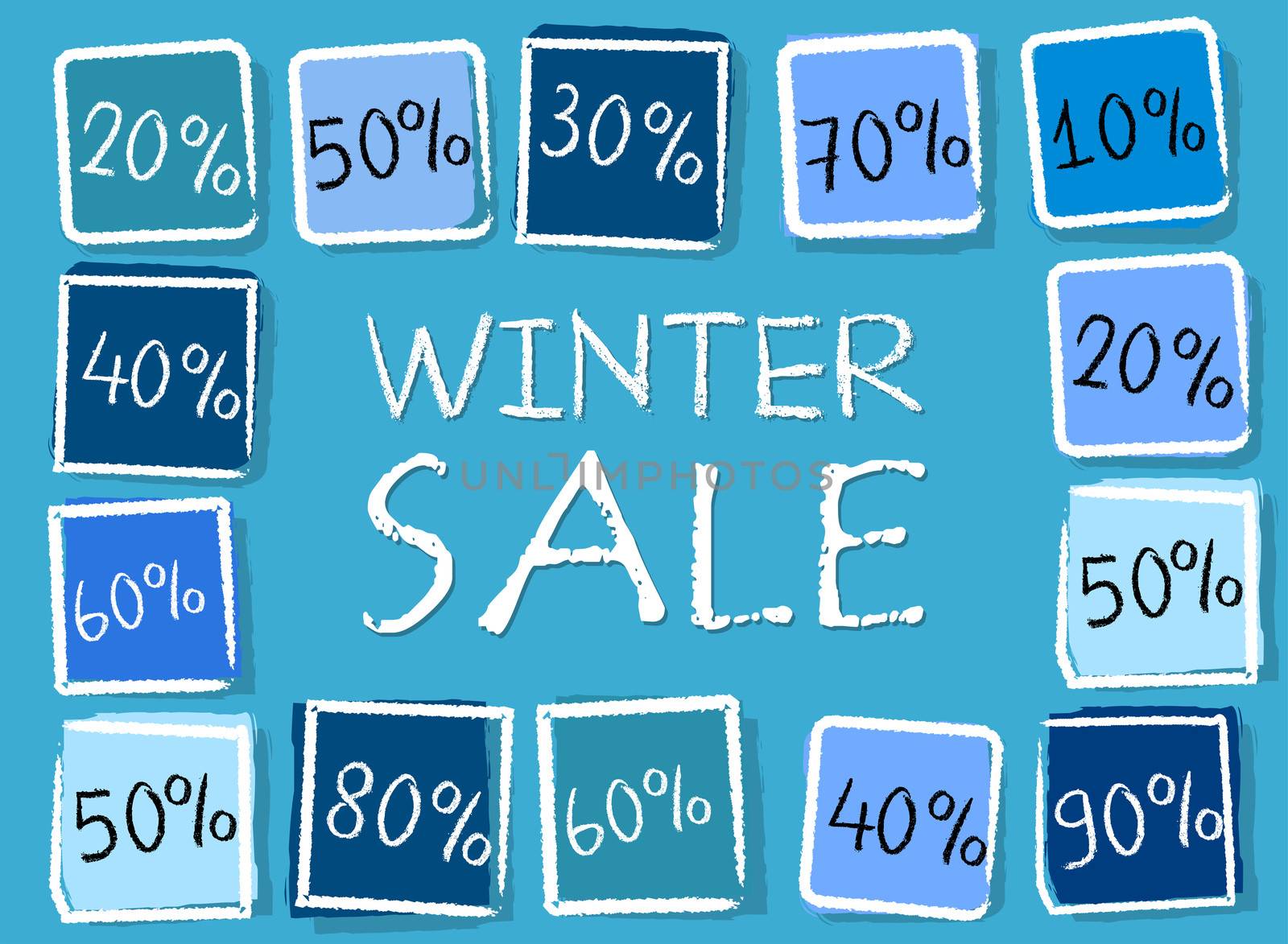 winter sale and different percentages - retro style blue label with text and squares, business seasonal concept
