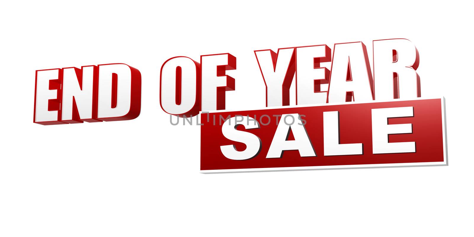 text end of year sale - 3d red white banner, letters and block, business seasonal concept
