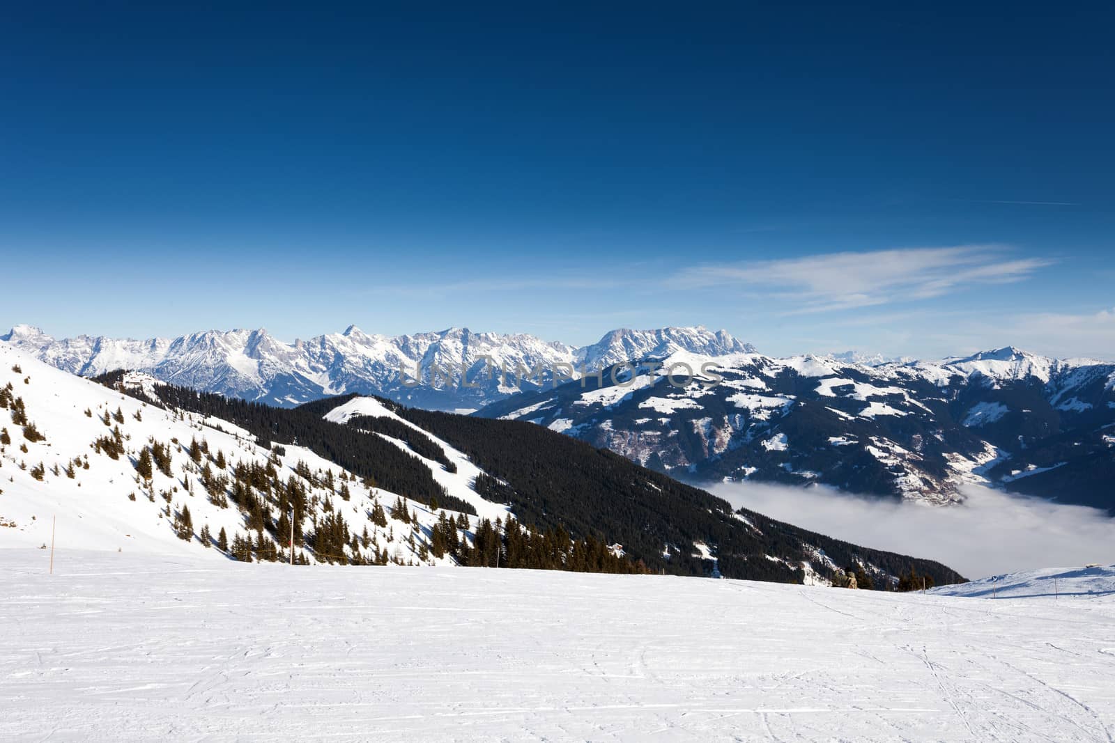 Winter with ski slopes of Kaprun resort next to Kitzsteinhorn peak in Austrian Alps