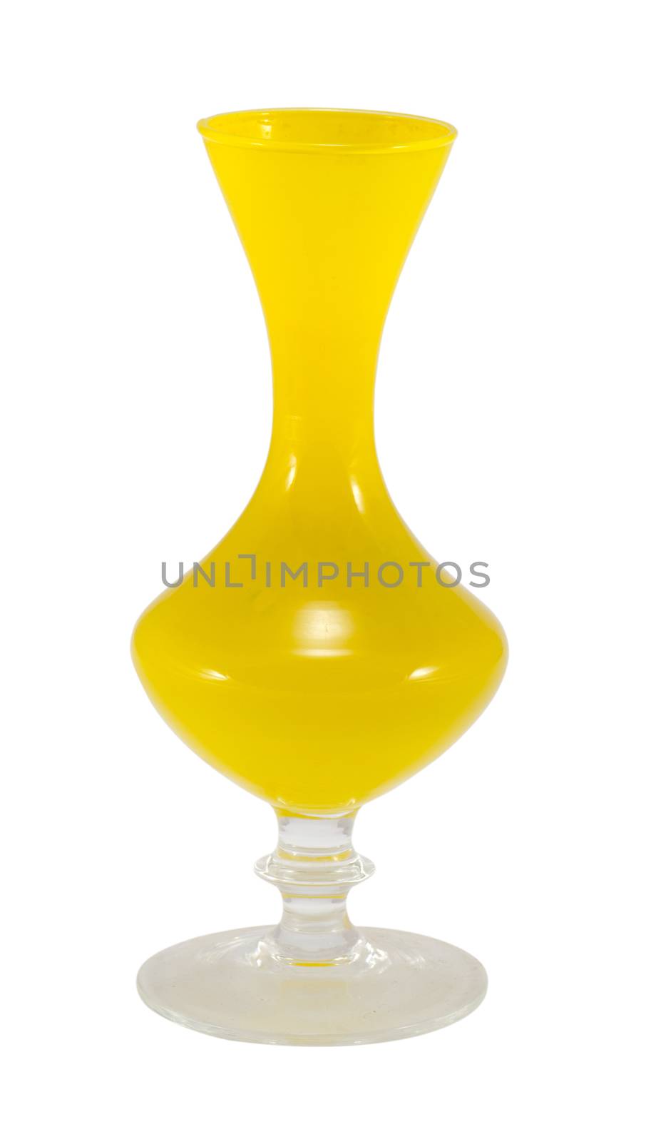 vintage glass yellow curvy vase isolated on white. old decorative object.