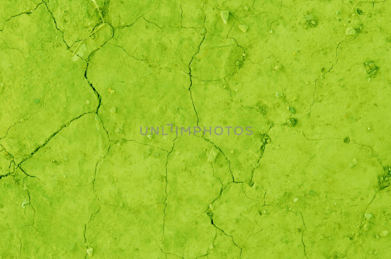 Close up dry land. Cracked ground , green color background.