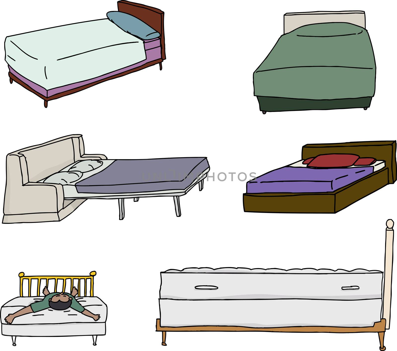 Isolated cartoons of beds over white background