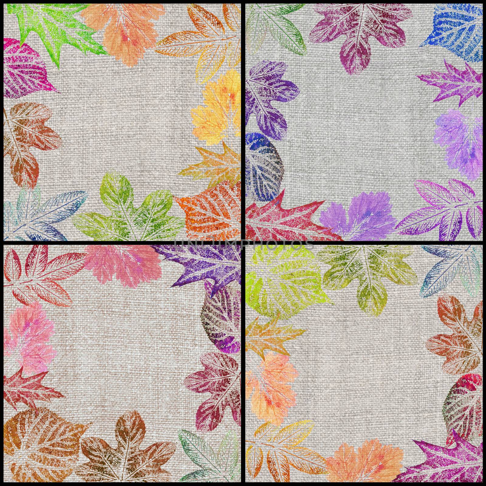 Artistic background, painting, hand draw, various colored leaves on a linen canvas
