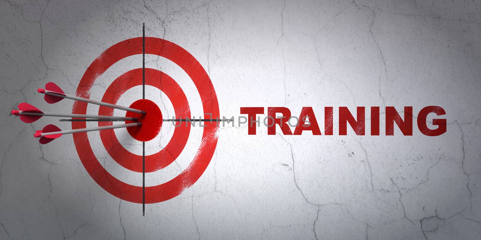 Success Education concept: arrows hitting the center of target, Red Training on wall background, 3d render