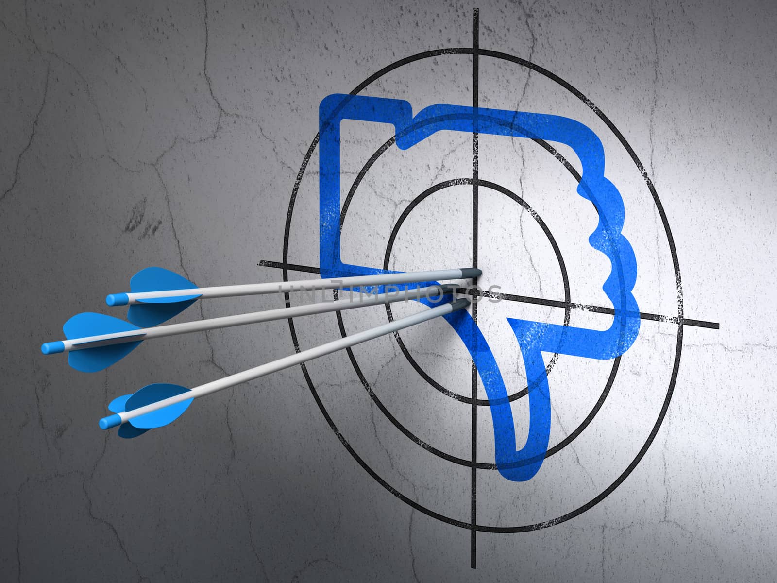 Success social media concept: arrows hitting the center of Blue Thumb Down target on wall background, 3d render