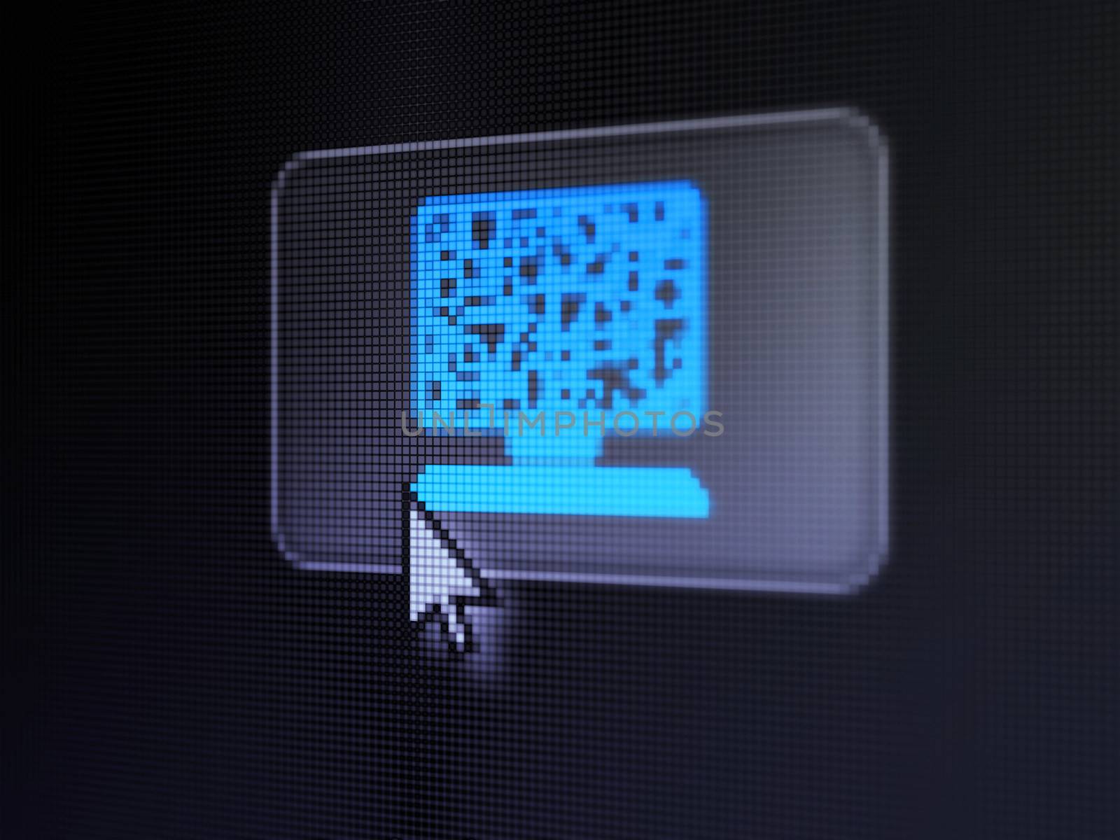 Education concept: pixelated Computer Pc on button with Arrow cursor on digital computer screen, selected focus 3d render