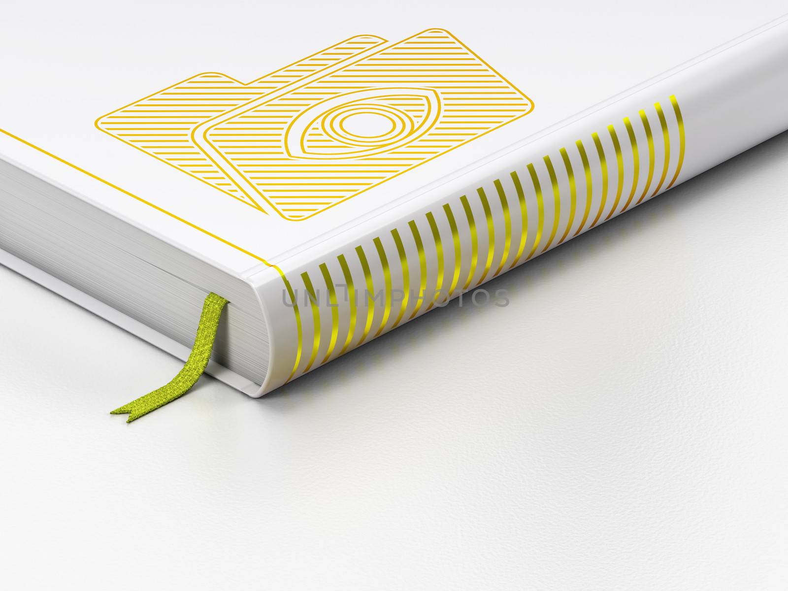 Business concept: closed book with Gold Folder With Eye icon on floor, white background, 3d render