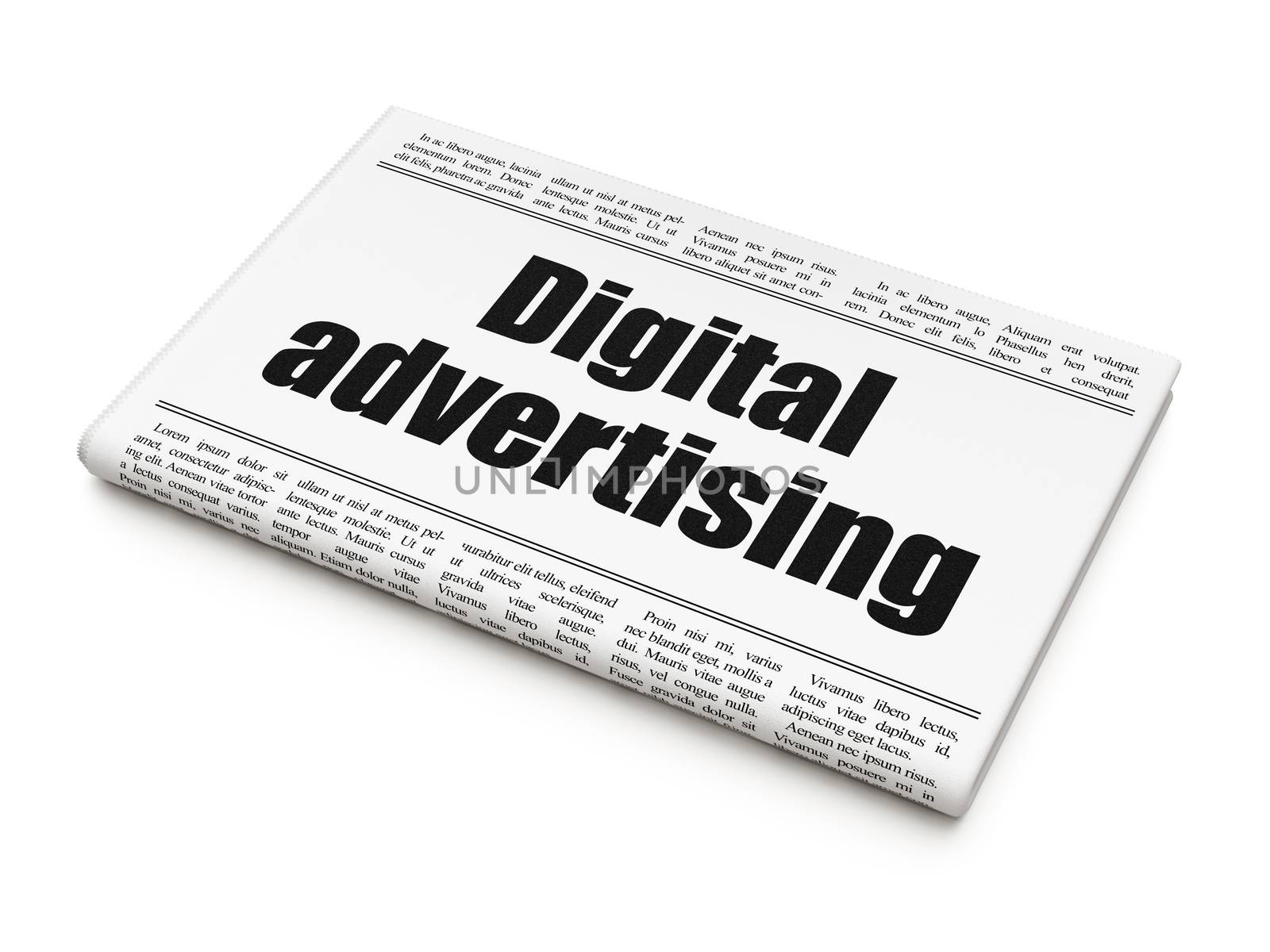 Advertising concept: newspaper headline Digital Advertising on White background, 3d render