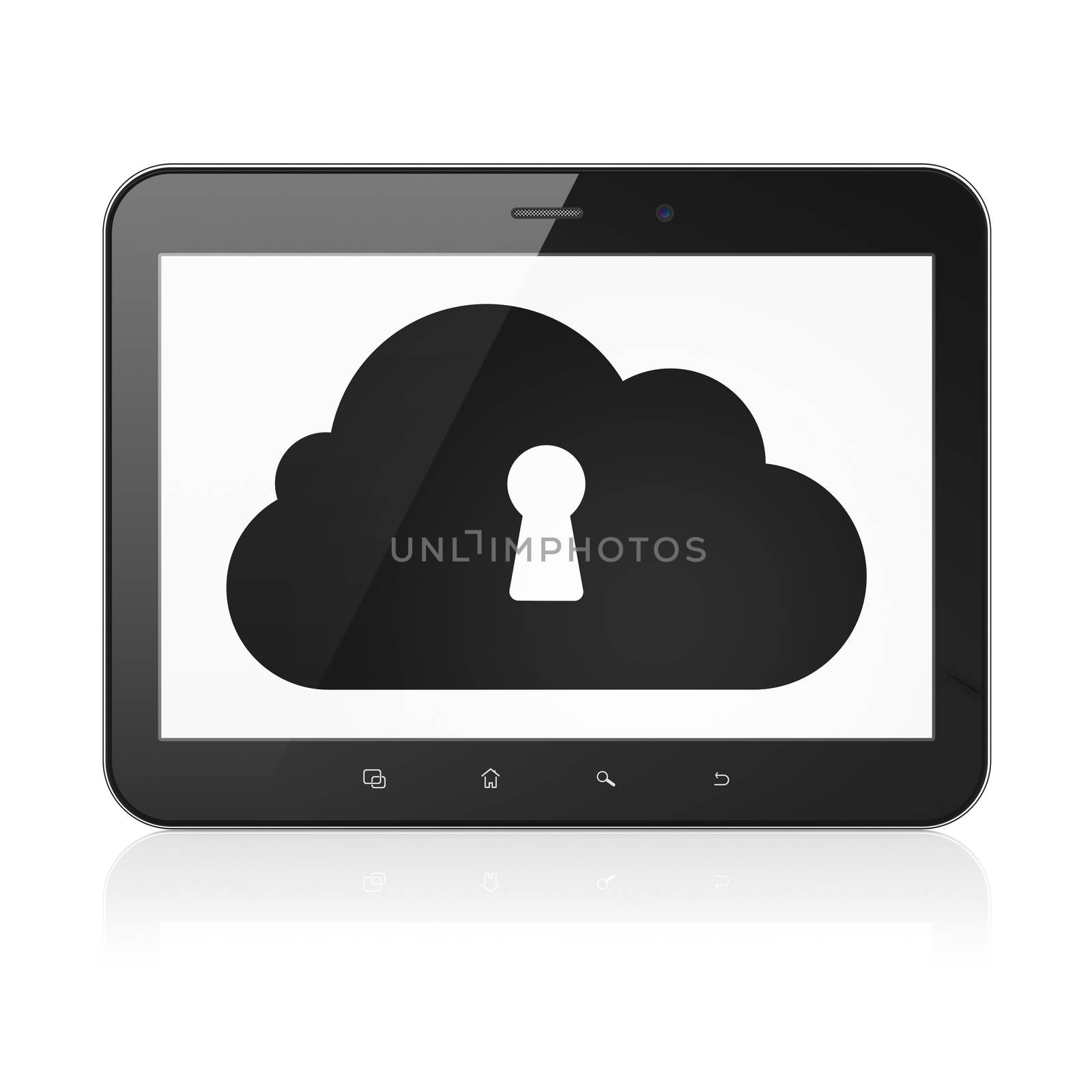 Cloud technology concept: Cloud With Keyhole on tablet pc computer by maxkabakov