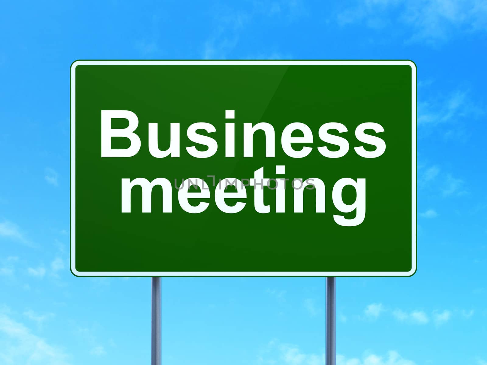 Finance concept: Business Meeting on green road (highway) sign, clear blue sky background, 3d render