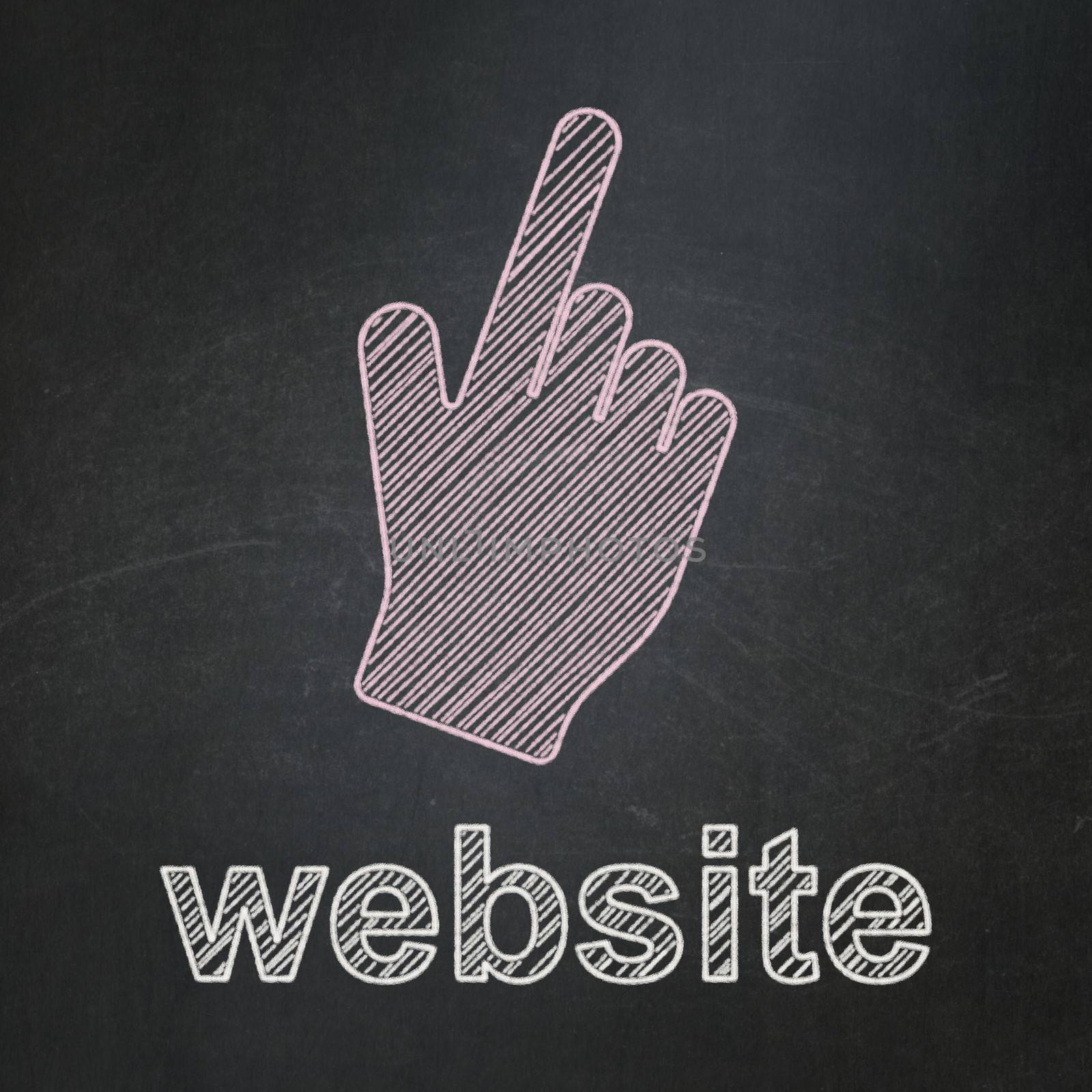 Web design concept: Mouse Cursor icon and text Website on Black chalkboard background, 3d render