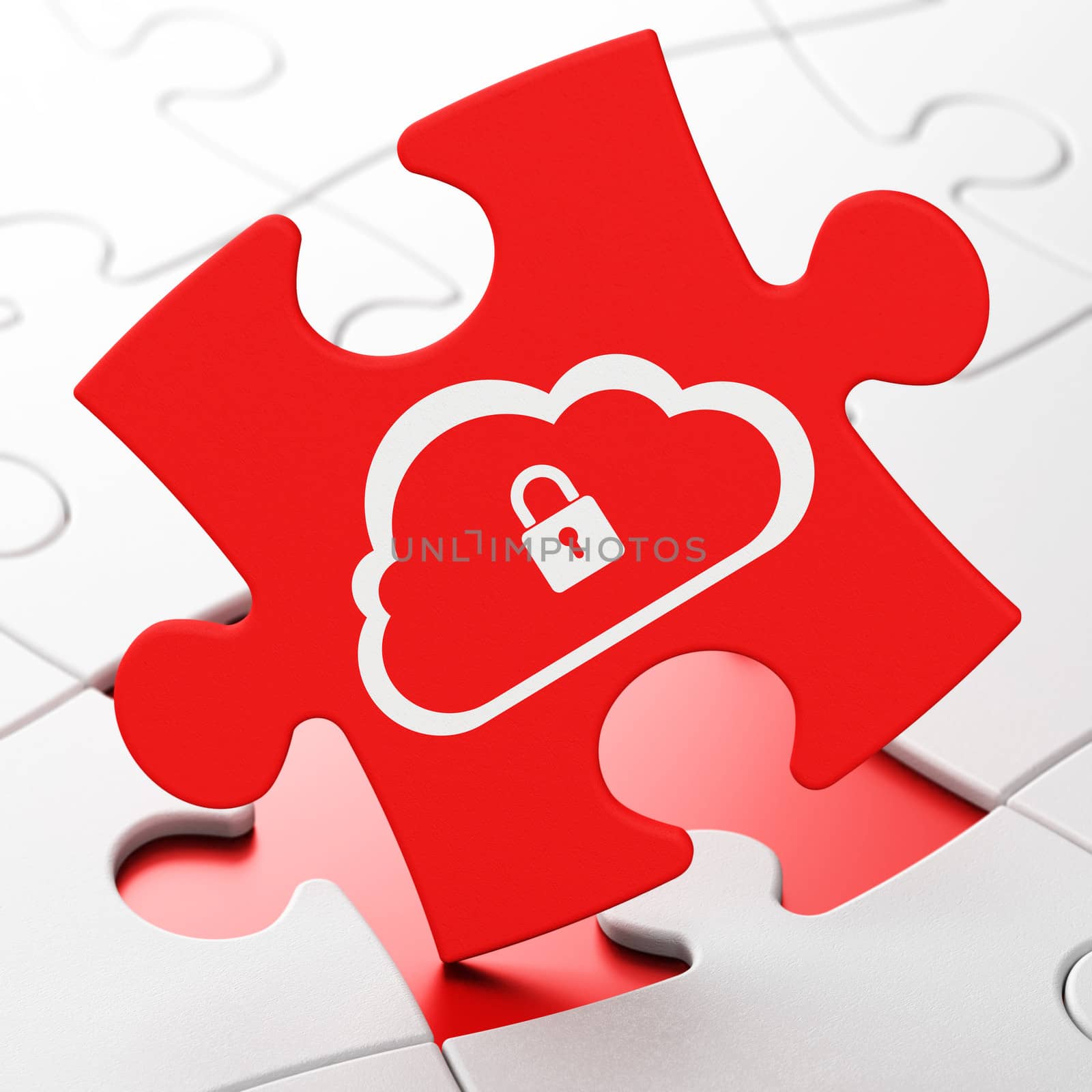 Cloud computing concept: Cloud With Padlock on puzzle background by maxkabakov