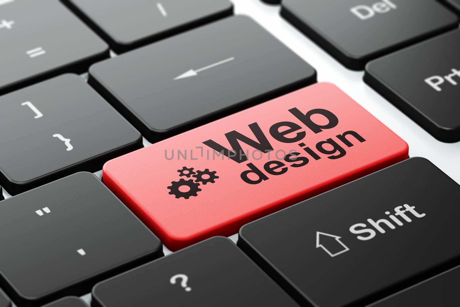 Web design concept: computer keyboard with Gears icon and word Web Design, selected focus on enter button, 3d render