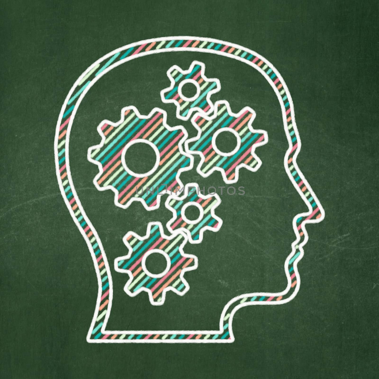 Information concept: Head With Gears icon on Green chalkboard background, 3d render