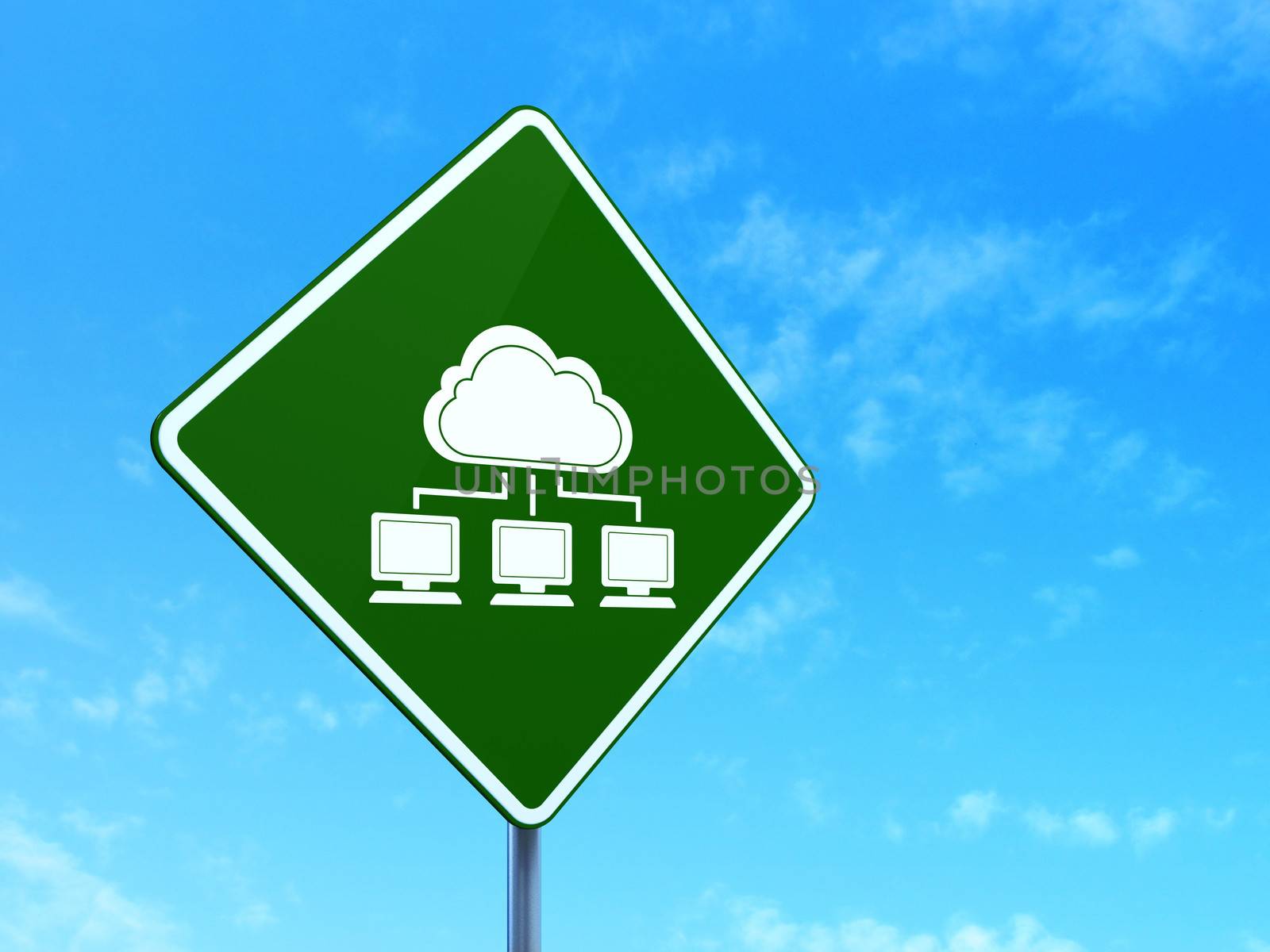 Cloud technology concept: Cloud Network on green road (highway) sign, clear blue sky background, 3d render