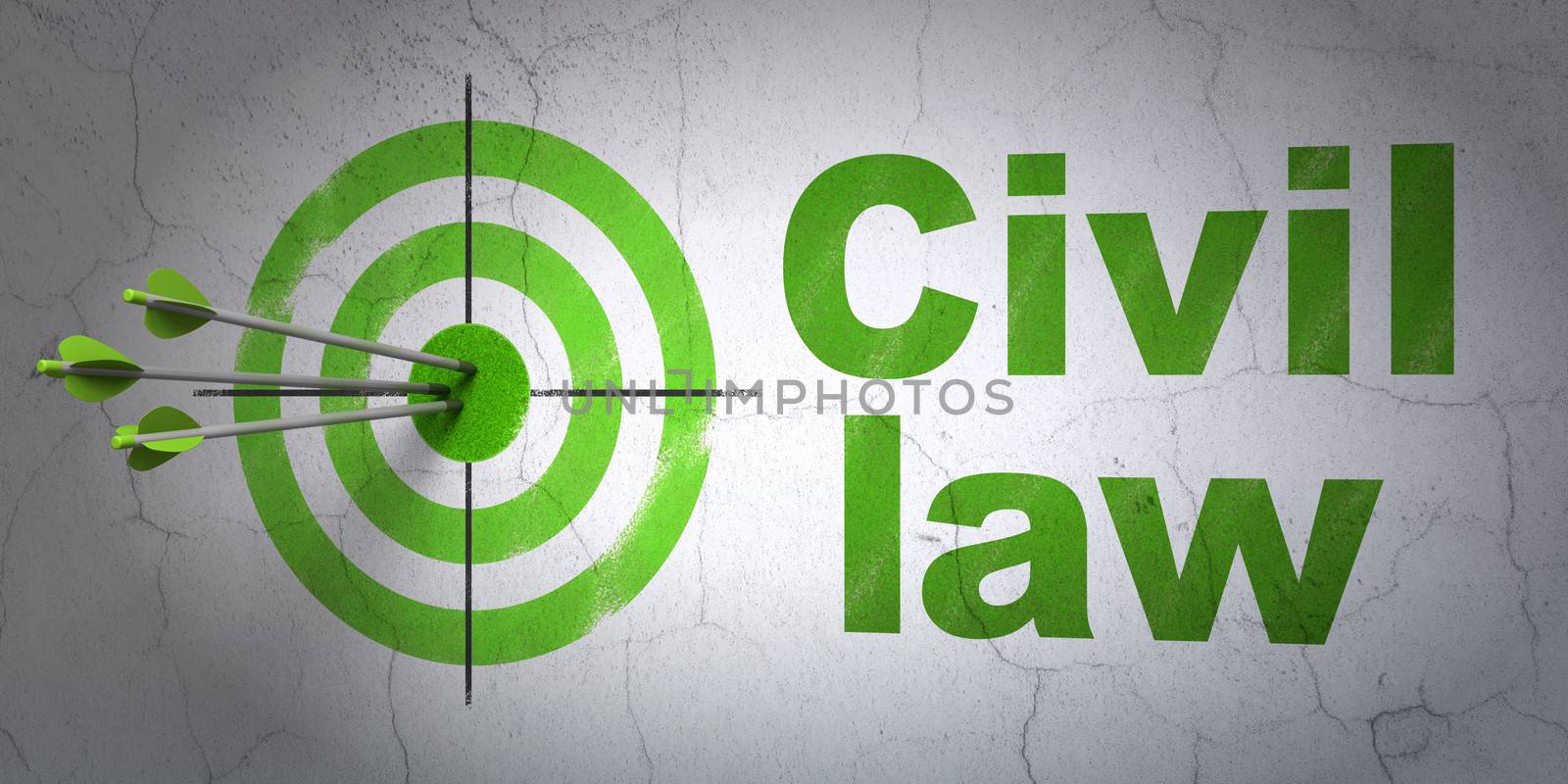 Success law concept: arrows hitting the center of target, Green Civil Law on wall background, 3d render