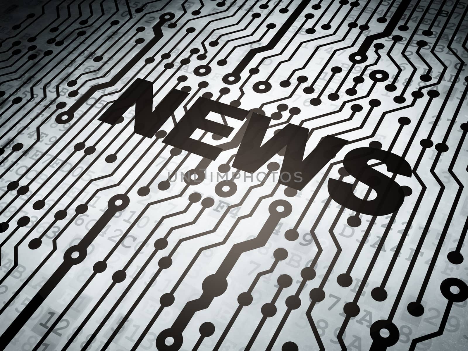 News concept: circuit board with  word News, 3d render