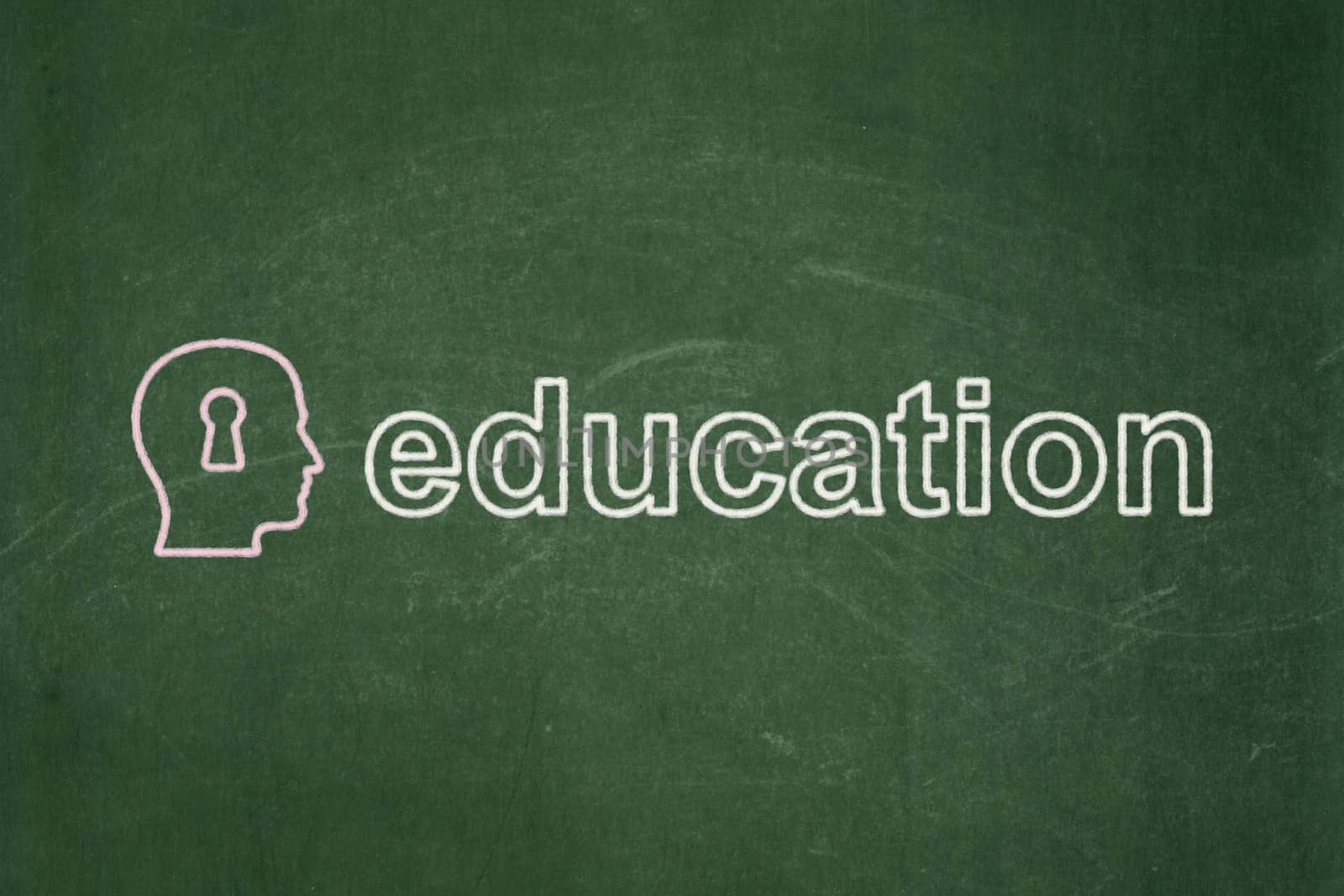 Education concept: Head With Keyhole icon and text Education on Green chalkboard background, 3d render