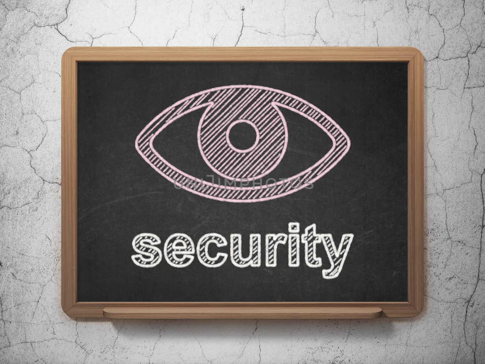 Safety concept: Eye icon and text Security on Black chalkboard on grunge wall background, 3d render