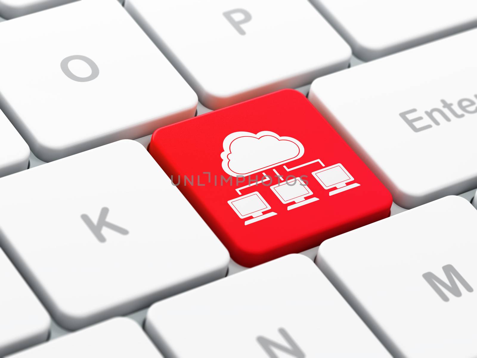 Cloud networking concept: computer keyboard with Cloud Network icon on enter button background, selected focus, 3d render