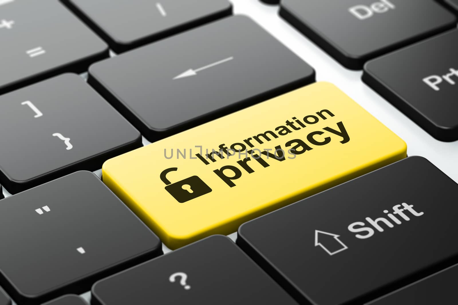 Security concept: computer keyboard with Opened Padlock icon and word Information Privacy, selected focus on enter button, 3d render
