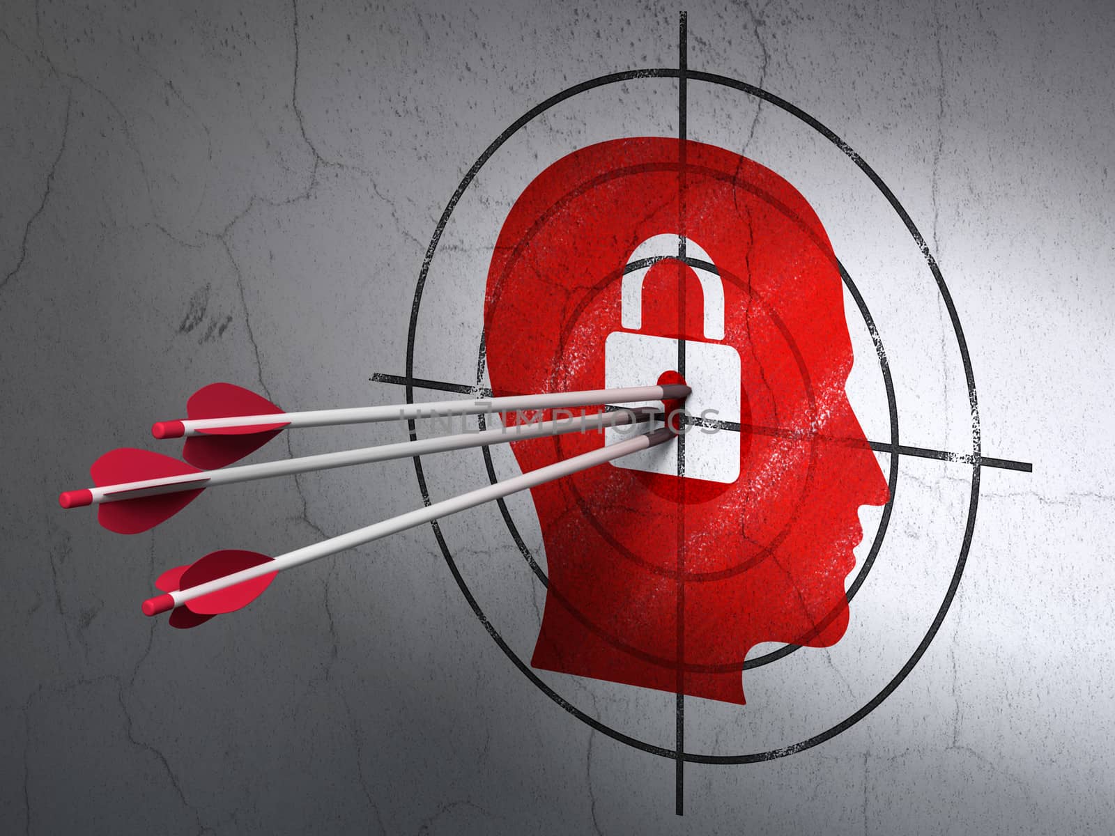Success business concept: arrows hitting the center of Red Head With Padlock target on wall background, 3d render